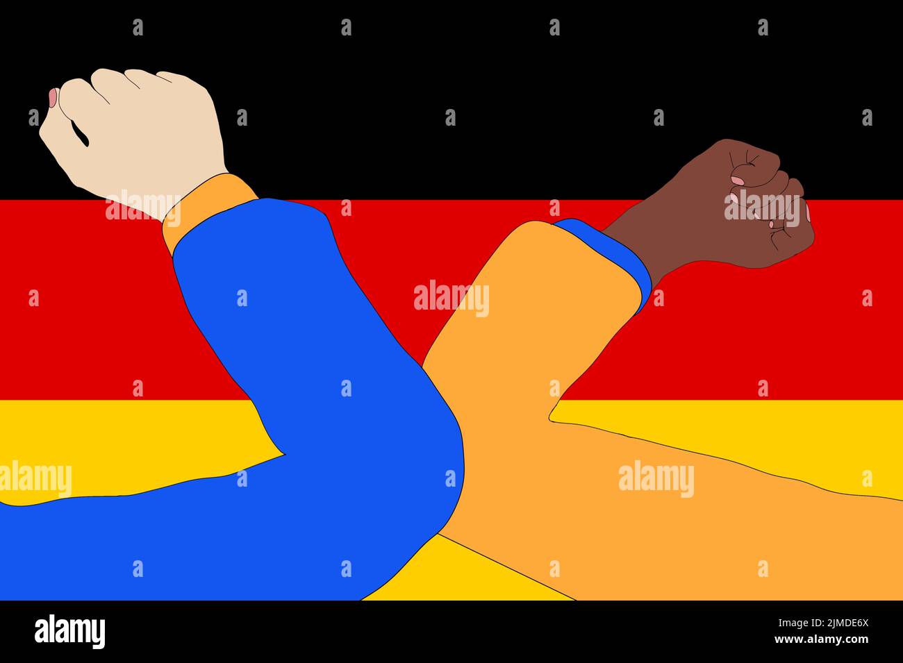 Elbow bump. New, innovative greeting to avoid the spread of the coronavirus in front of a Germany flag. Stock Photo
