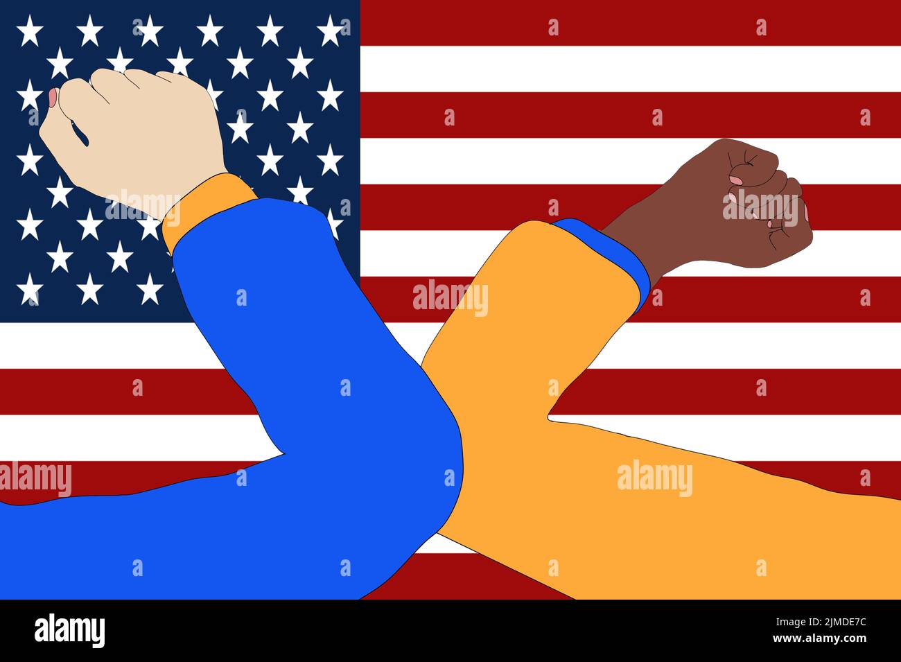 Elbow bump. New, innovative greeting to avoid the spread of the coronavirus in front of a USA flag. Stock Photo