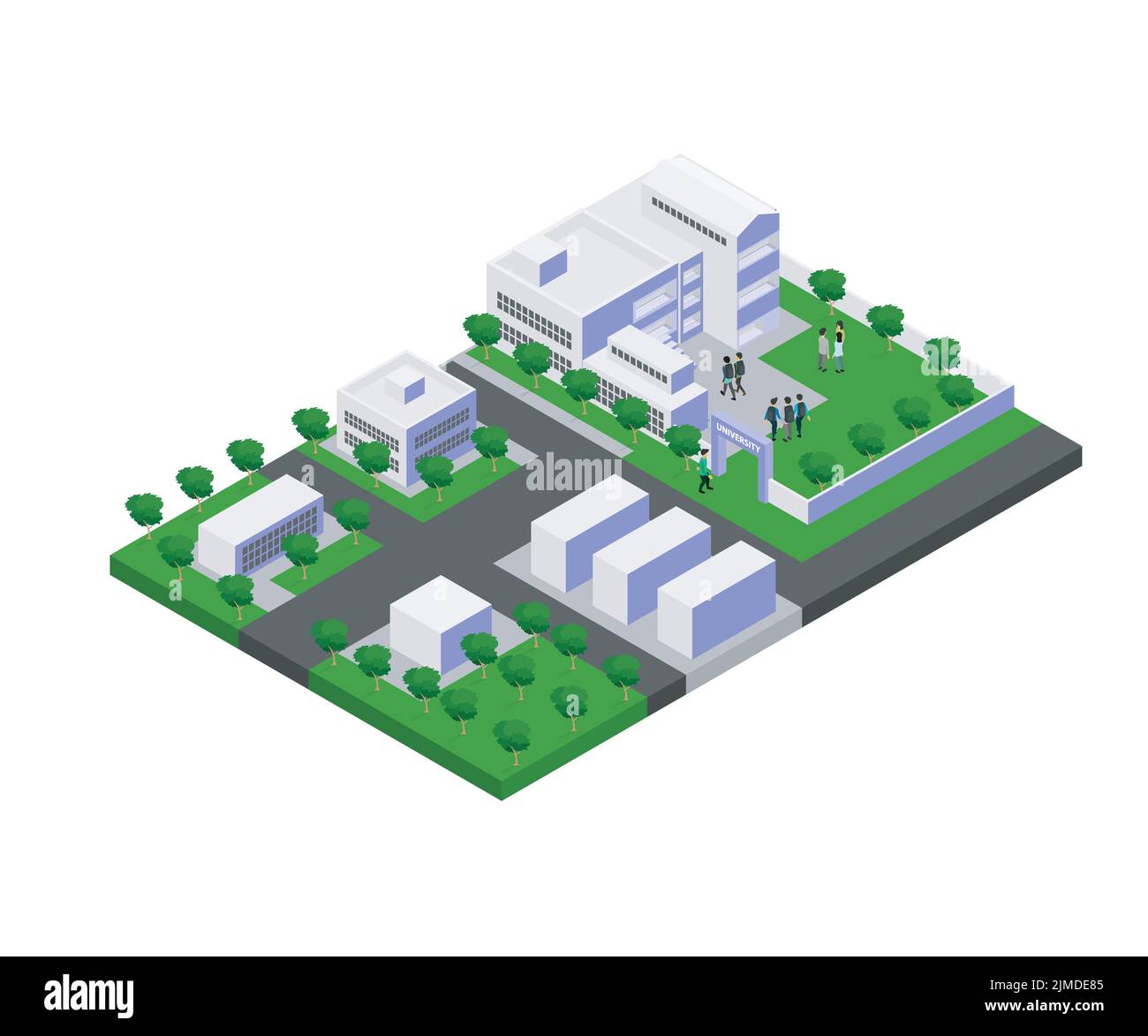 A digital pixelated illustration of a university campus with trees near
