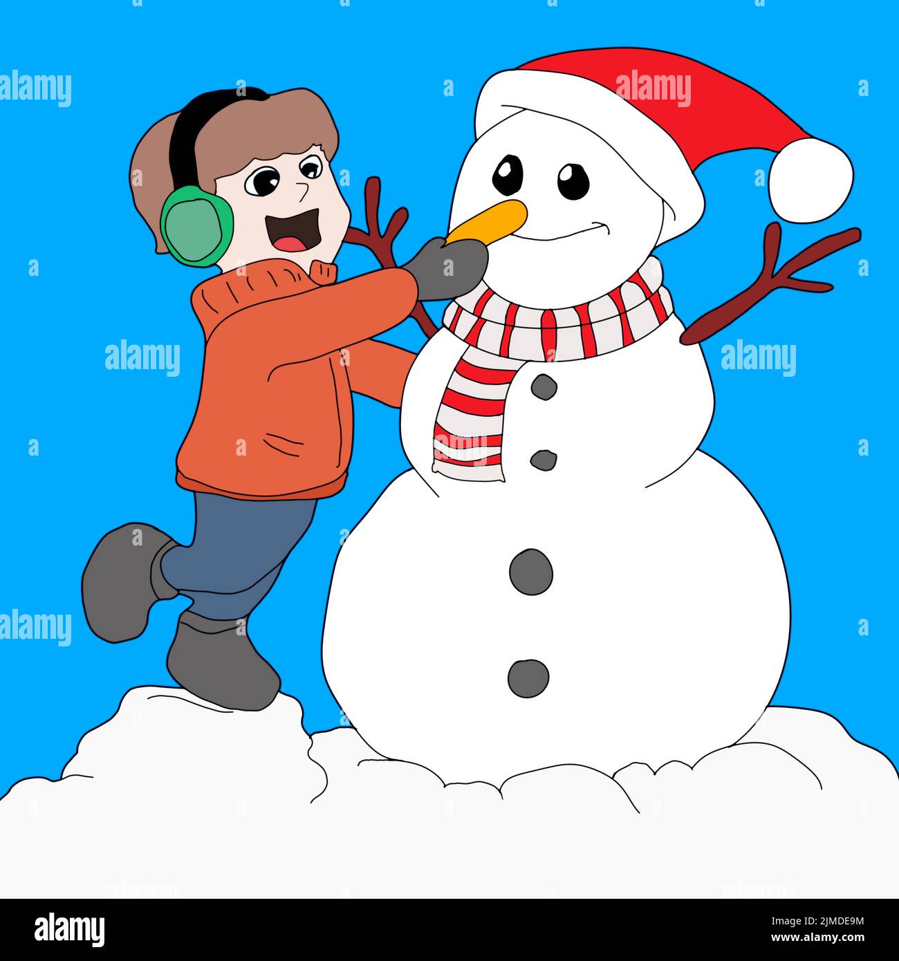 Cartoon happy children make a snowman. Flat illustration Stock Photo
