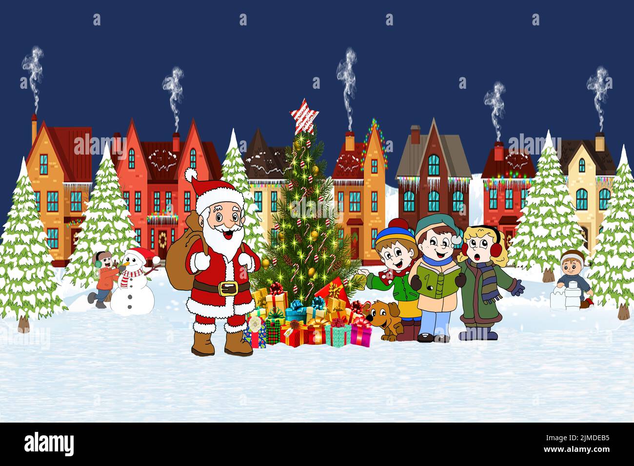 Illustration of a christmas picture at night with a row of houses, children singing songs and building a snowman and santa claus Stock Photo