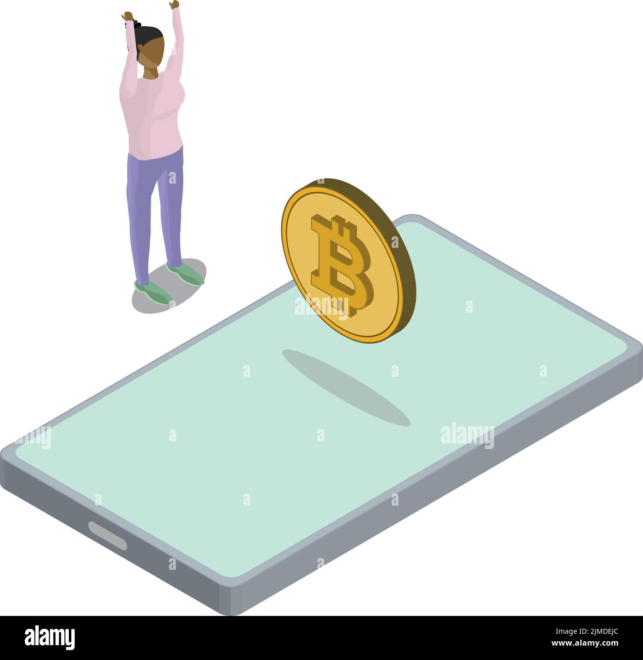 Isometric view of Phone Bitcoin Floating Woman Hands In Air Stock Vector