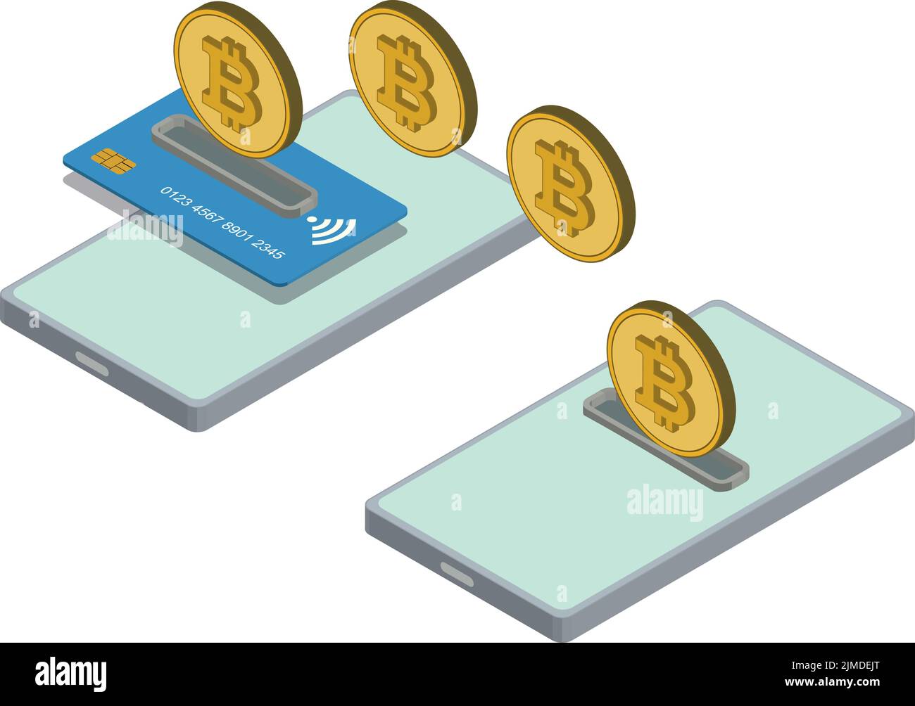 Isometric Bitcoin Payment sending from a card and receiving to a phone Stock Vector