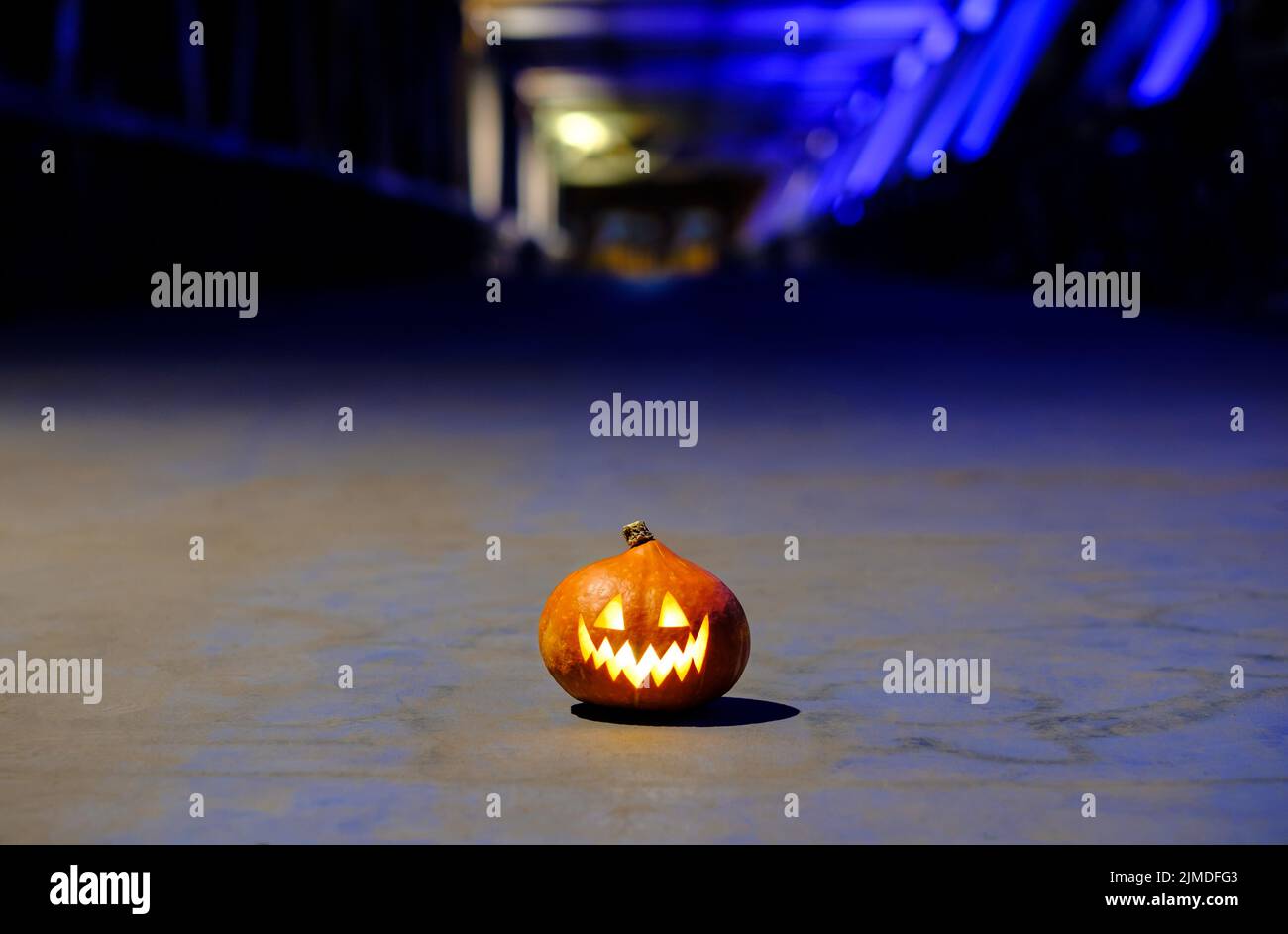 Halloween pumpkin in the dark on a blue industrial abstract background. Blurry colored lights. Stock Photo