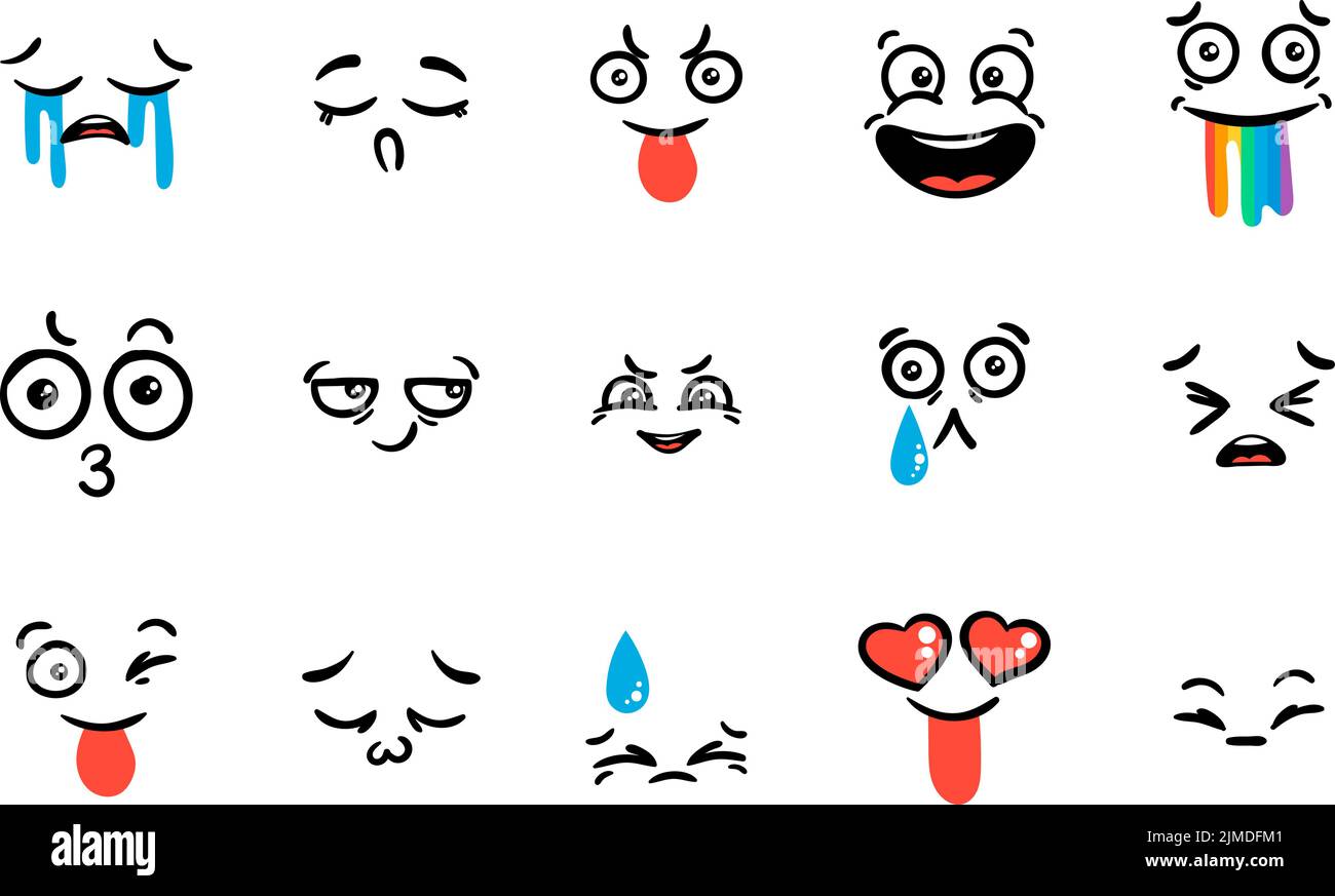 Various Cartoon Emoticons Set. Doodle faces, eyes and mouth. Caricature ...
