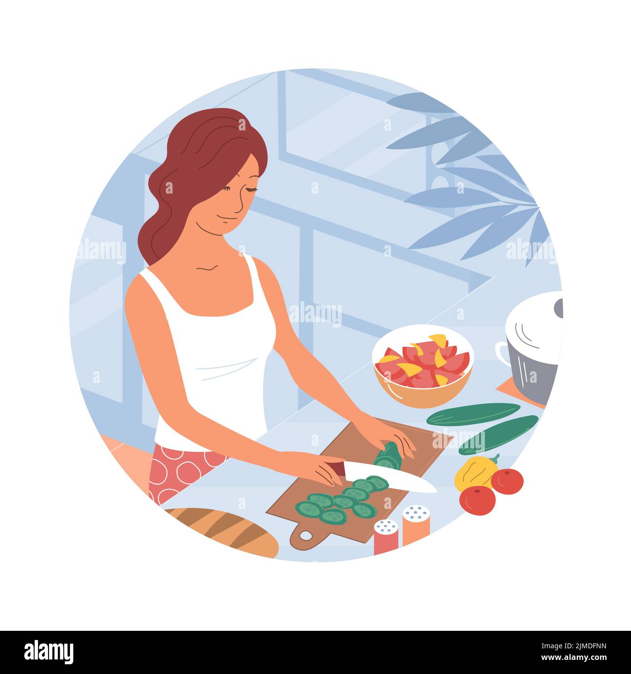 A young woman prepares a homemade dinner in the kitchen. Kitchen table. Cook dinner recipe. Cuts vegetable salad. Healthy diet food. Home life. Isomet Stock Vector
