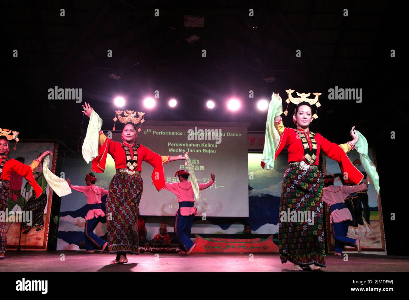 Bajau dance performance at Kampung Nelayan, a seafood restaurant in Kota Kinabalu, Malaysia. Stock Photo