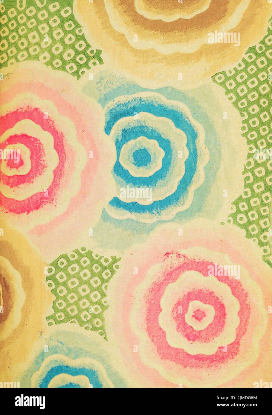 Retro Japanese art design background big round flowers Stock Photo