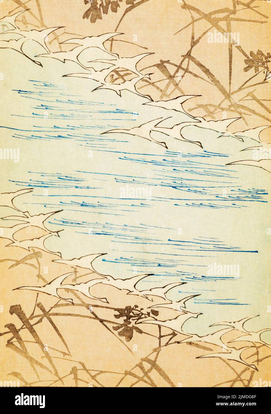 Retro Japanese art design background with birds, stream Stock Photo