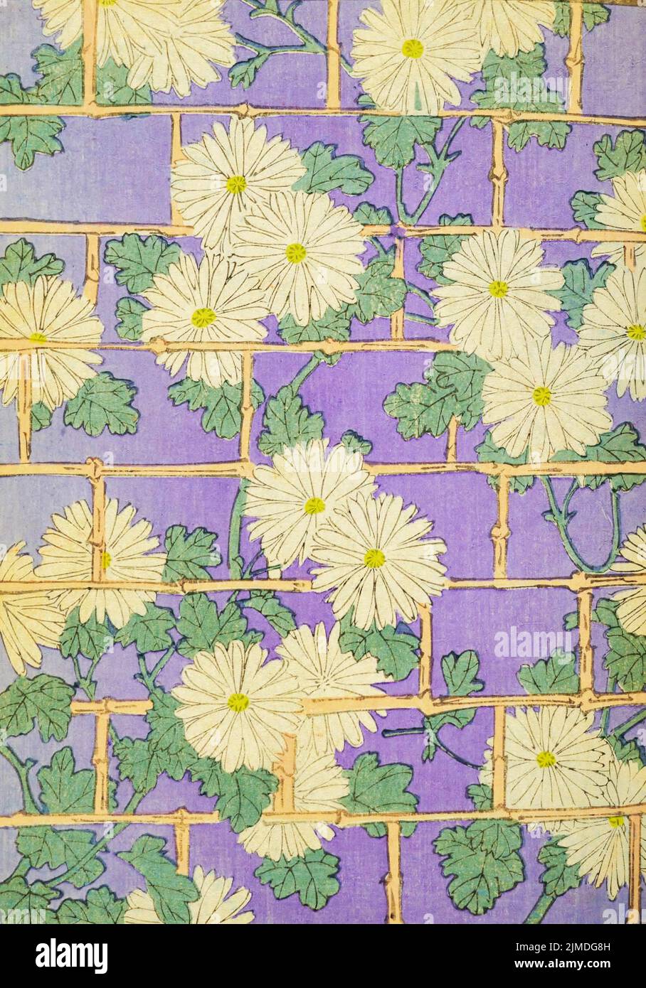 Retro Japanese art design purple background with lattice and flowers Stock Photo