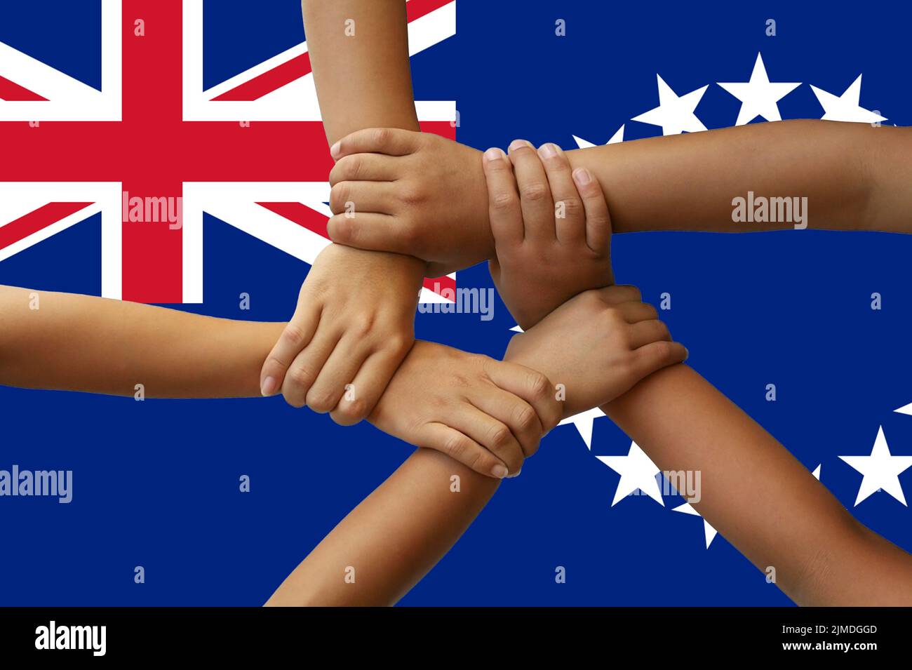 Flag of the Cook Islands, intergration of a multicultural group of young people Stock Photo
