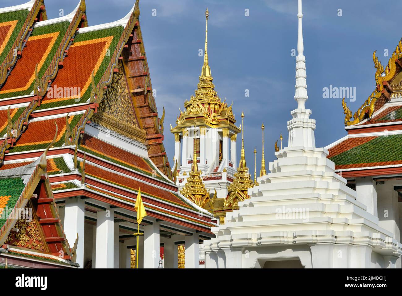 View of (temple) Wat Rajanadta (Ratchanadta) in Bangkok, Thailand, with the gold-plated Lohaprasad building in the middle Stock Photo
