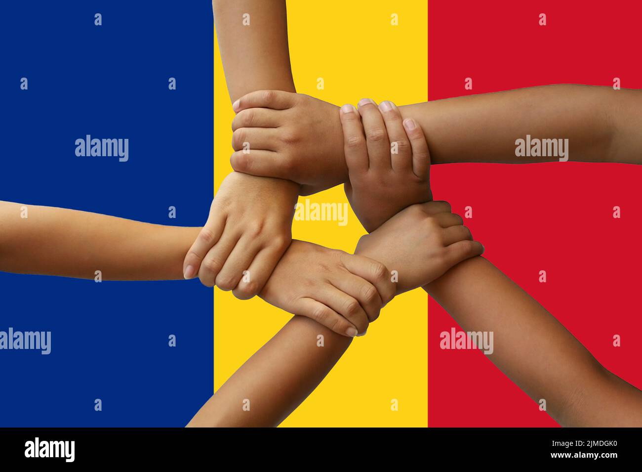 Romania flag, intergration of a multicultural group of young people ...