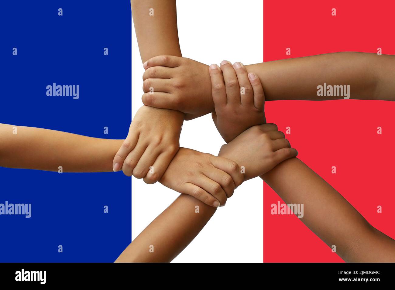 France flag, intergration of a multicultural group of young people Stock Photo