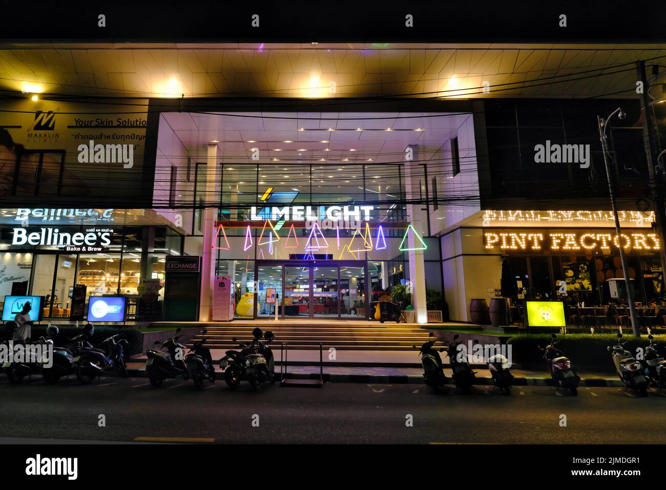 Limelight Avenue shopping mall in the Old Town area of Phuket Town (Phuket City), Thailand, illuminated in late evening. Stock Photo