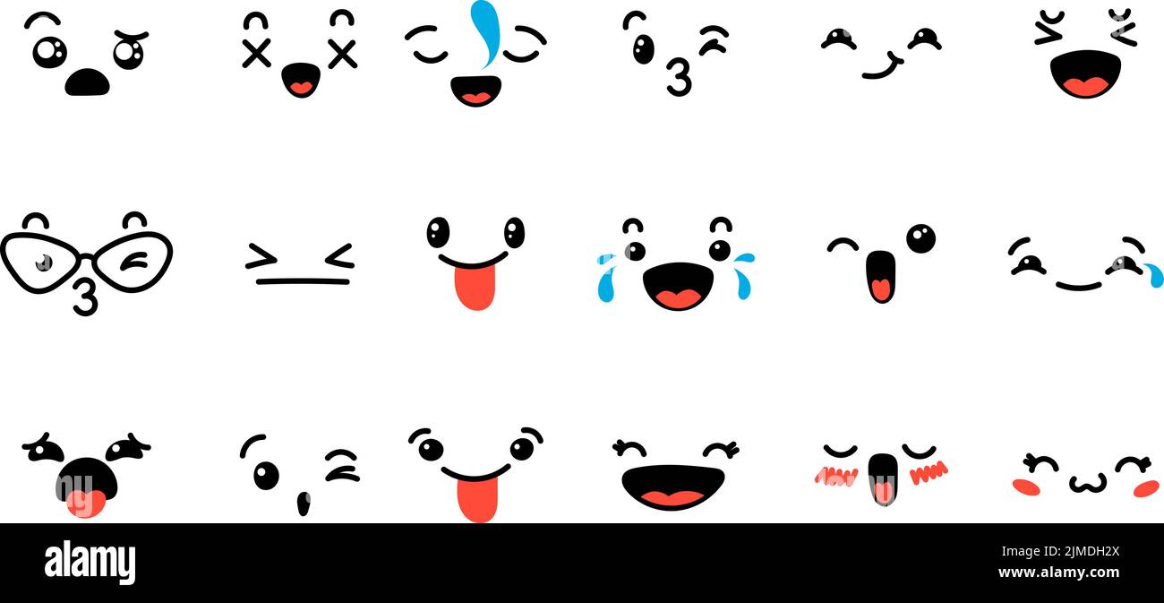 Various Cartoon Emoticons Set. Doodle faces, eyes and mouth. Caricature ...