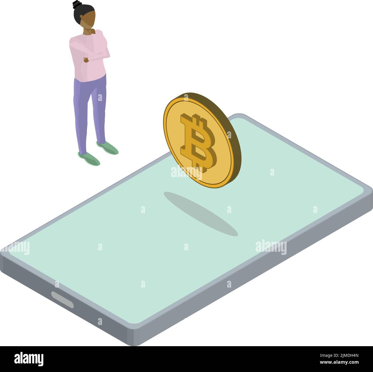Isometric view of Phone Bitcoin Floating Woman Thinking Stock Vector