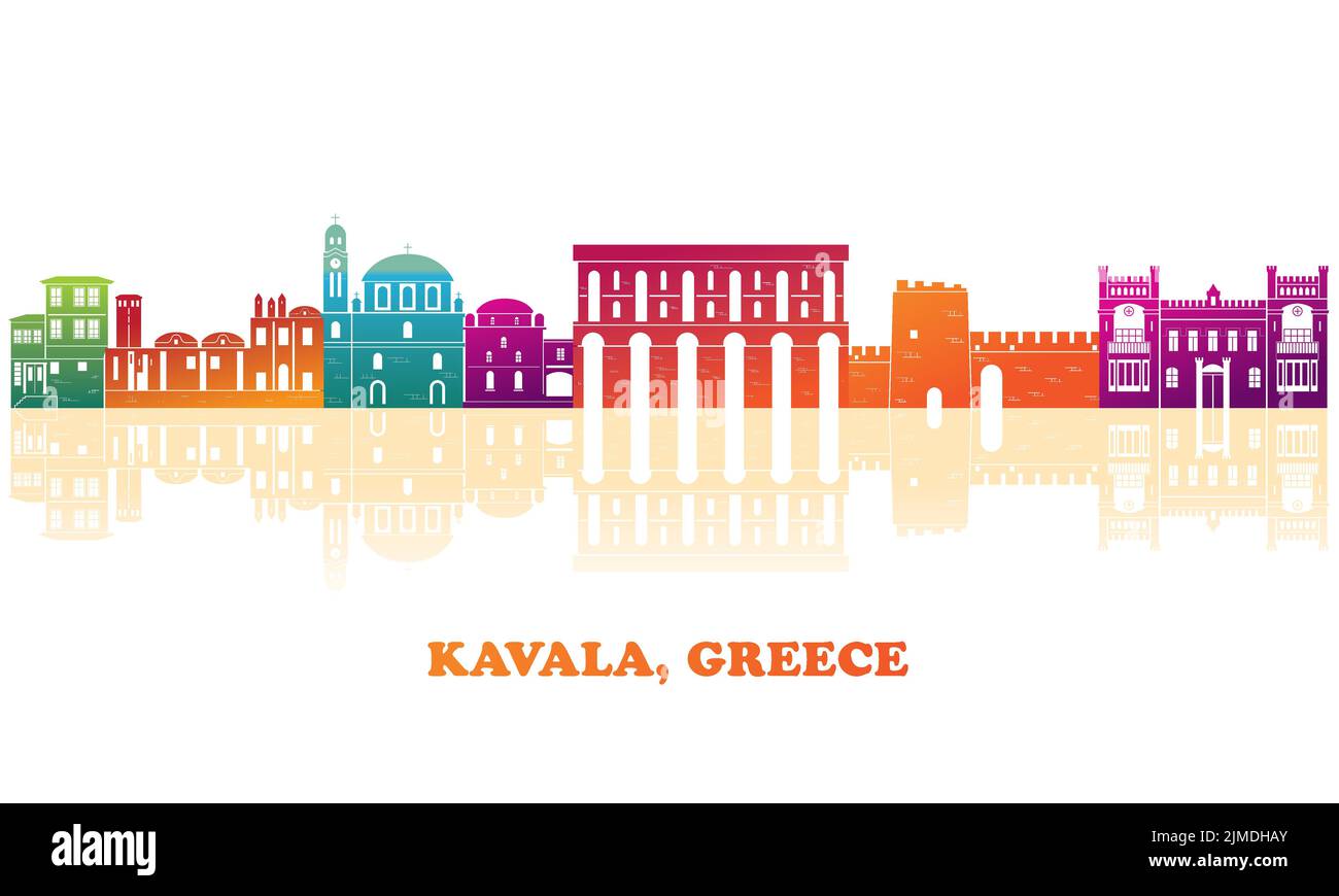 Colourfull Skyline panorama of city of Kavala, Greece - vector illustration Stock Vector