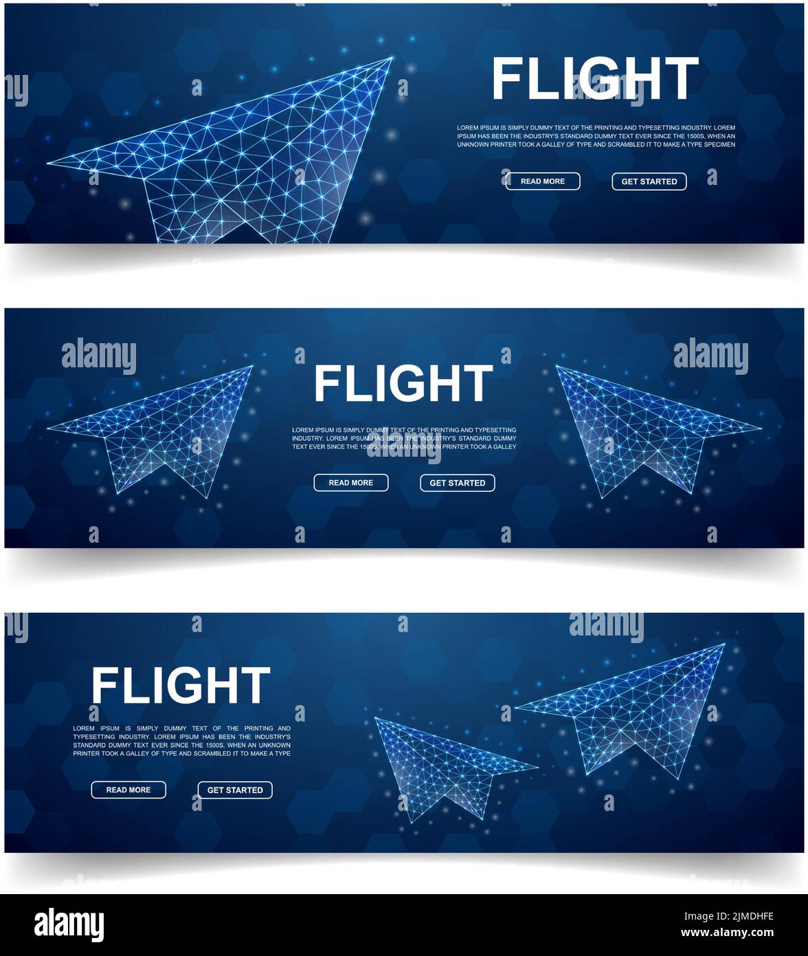 Set of three Paper airplane horizontal banners. Horizontal illustration