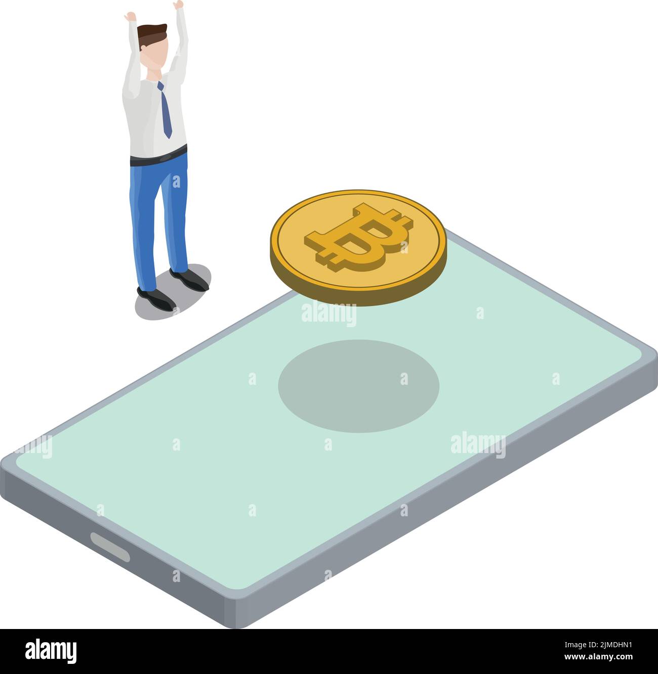 Isometric view of Phone Bitcoin Floating Back Man Hands In Air Stock Vector