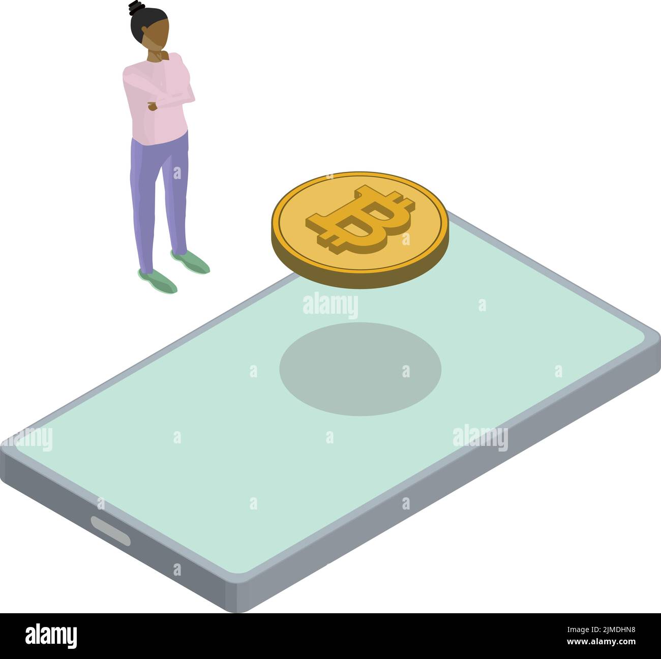 Isometric view of Phone Bitcoin Floating Back Woman Thinking Stock Vector