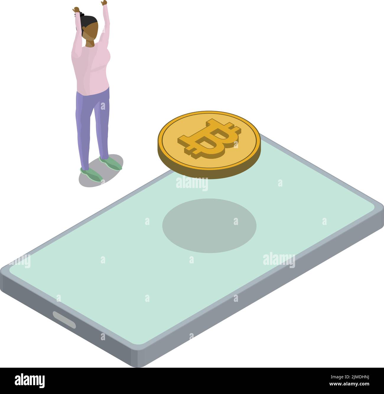 Isometric view of Phone Bitcoin Floating Back Woman Hands In Air Stock Vector