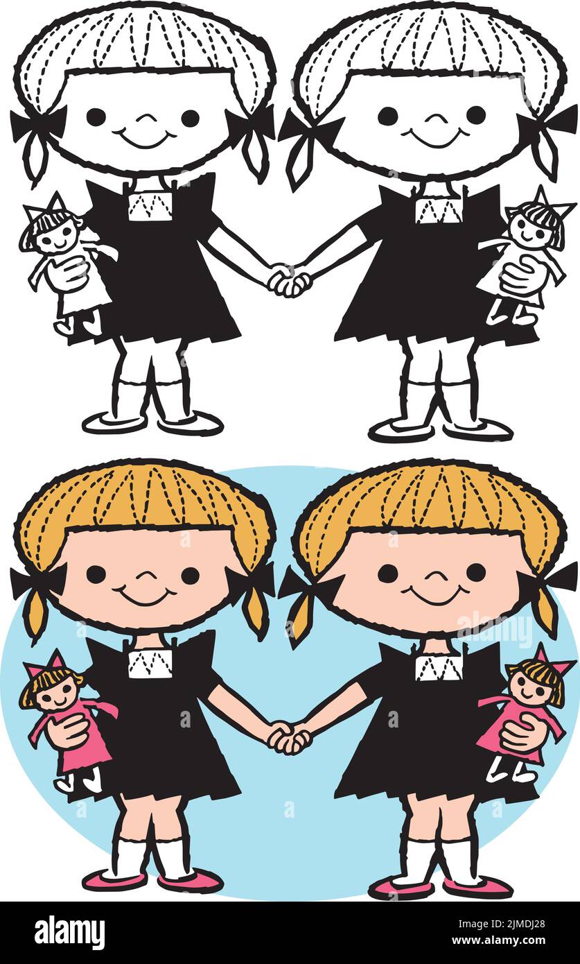 A vintage retro cartoon of twin blonde young girls holding hands. Stock Vector
