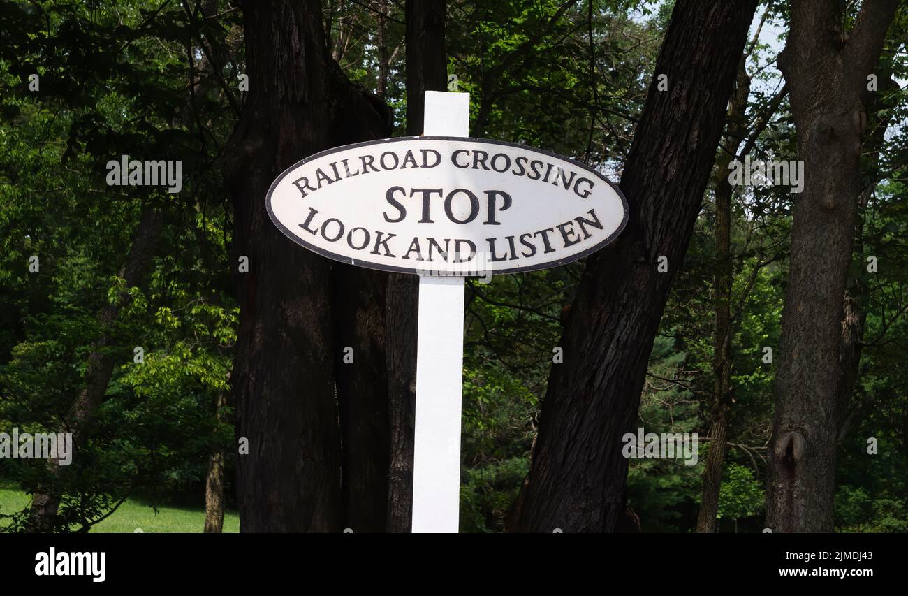 Rail Road Stop Sign of Stop Look and Listen Stock Photo - Alamy