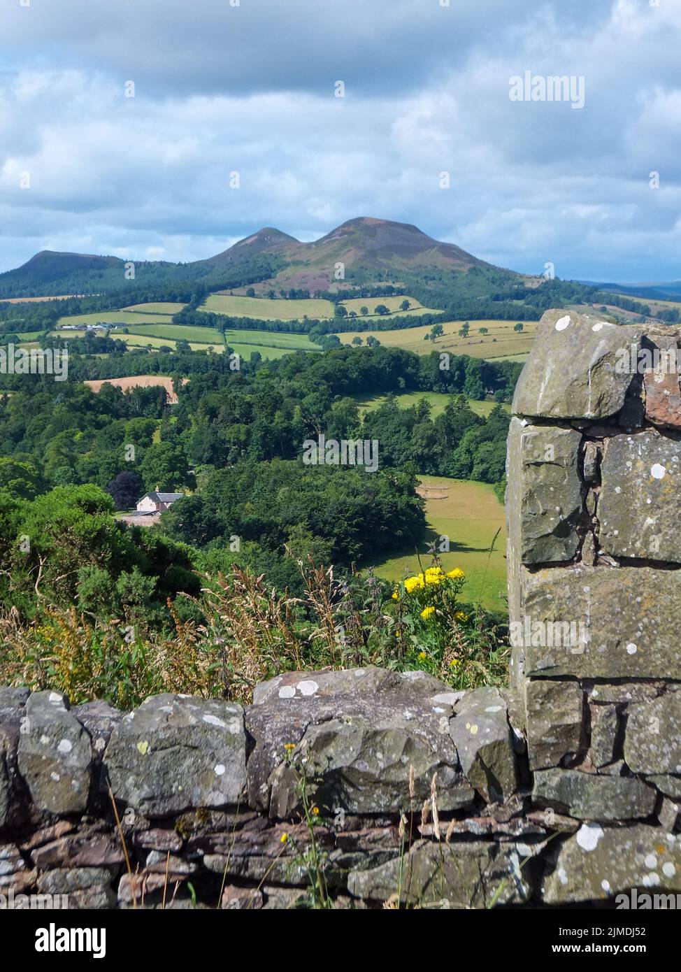 The Eildon Hills and the Eildon and Leaderfoot National Scenic Area as seen from Scott's View near Melrose, Scottish Borders, Scotland, UK. Stock Photo