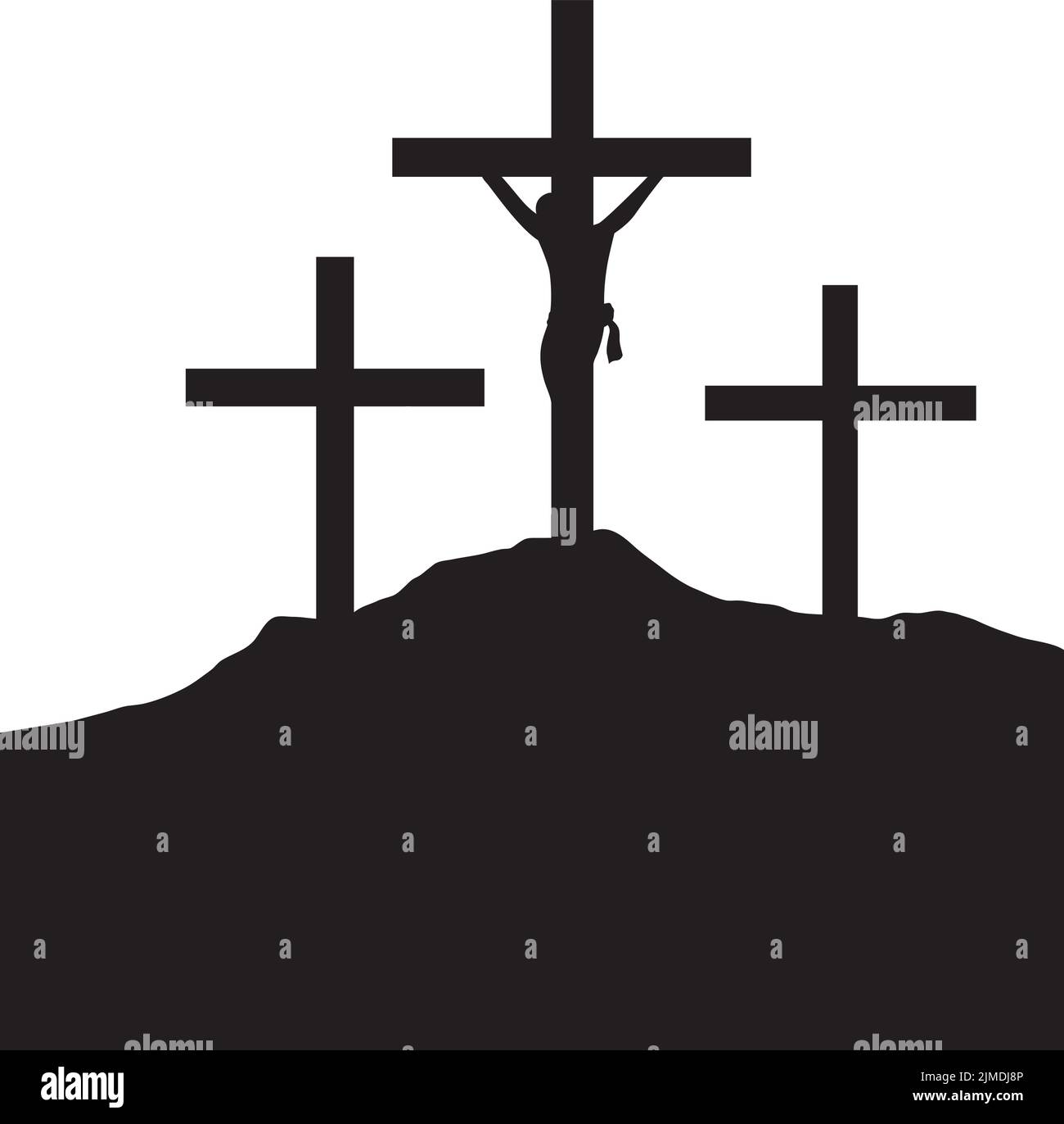 A silhouette of the crucifixion of Jesus Christ on a white background Stock Vector