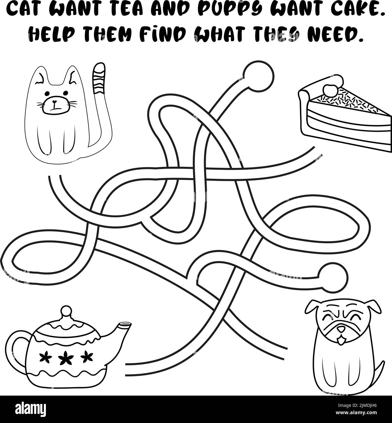 Maze game for kids. Help cat find tea and dog fing cake. Preschool printable coloring book with tangled road labyrinth. Black and white vector illustr Stock Vector
