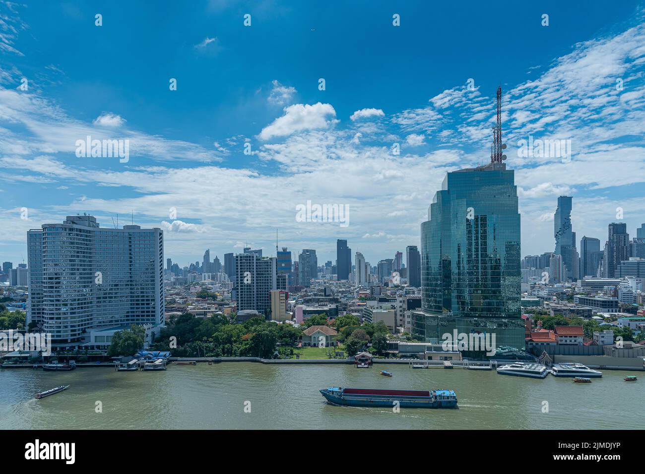 Bangkok business area downtown with Chao Phraya river aerial view Stock Photo