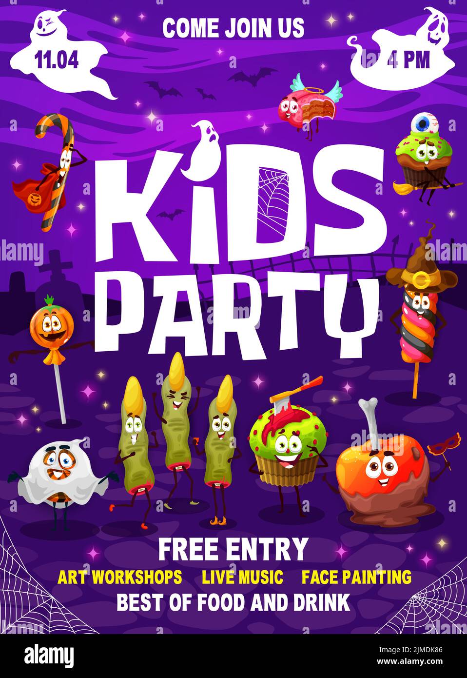 Halloween kids party flyer. Cartoon Halloween candy characters vector ...