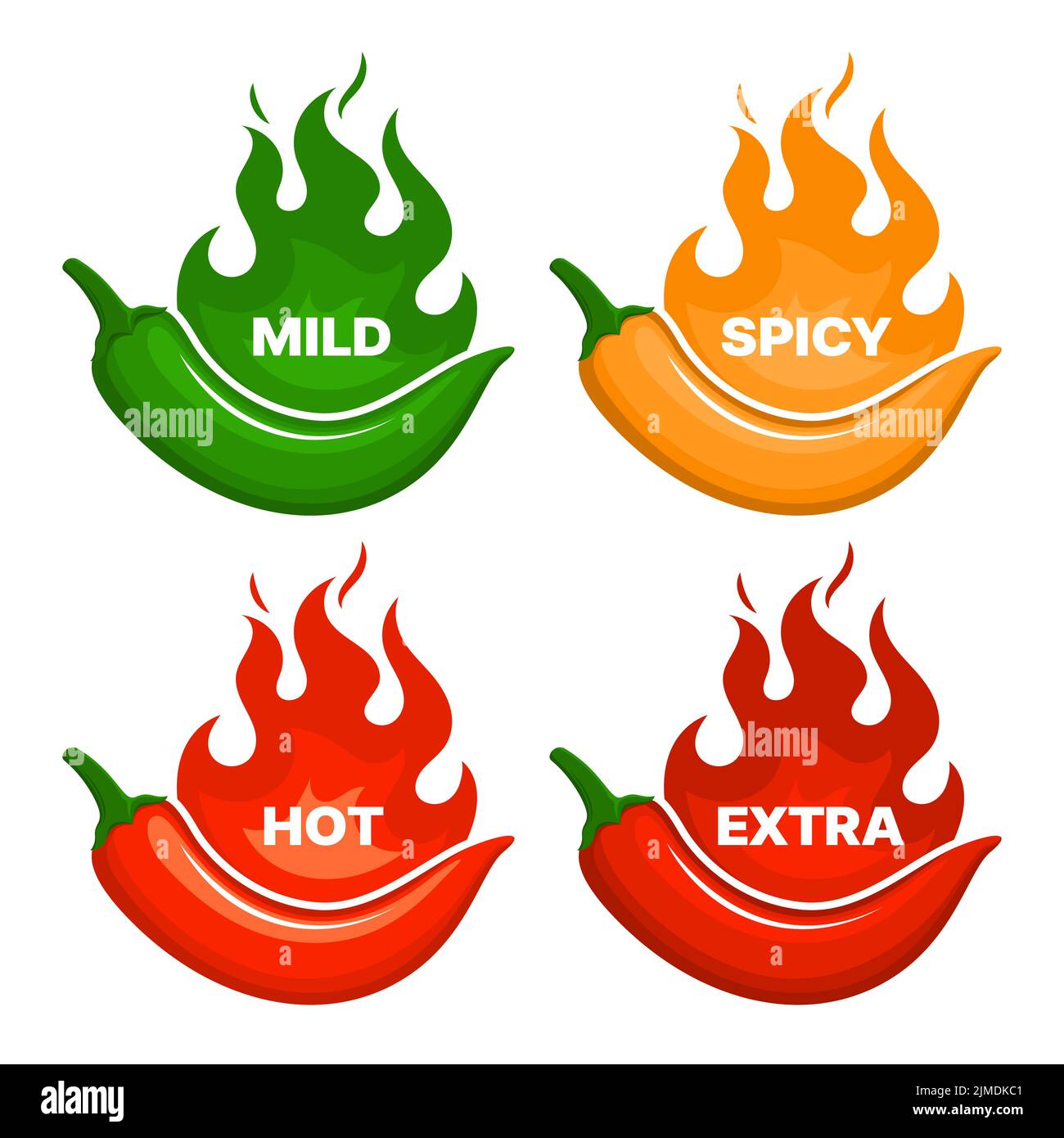 Spicy level of hot chili peppers with fire flames. Vector labels of