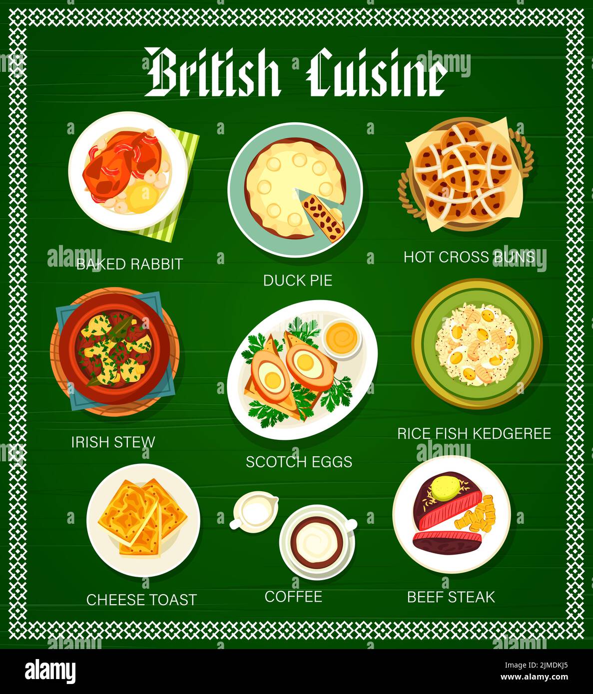 British cuisine restaurant meals menu page template. Baked rabbit, duck