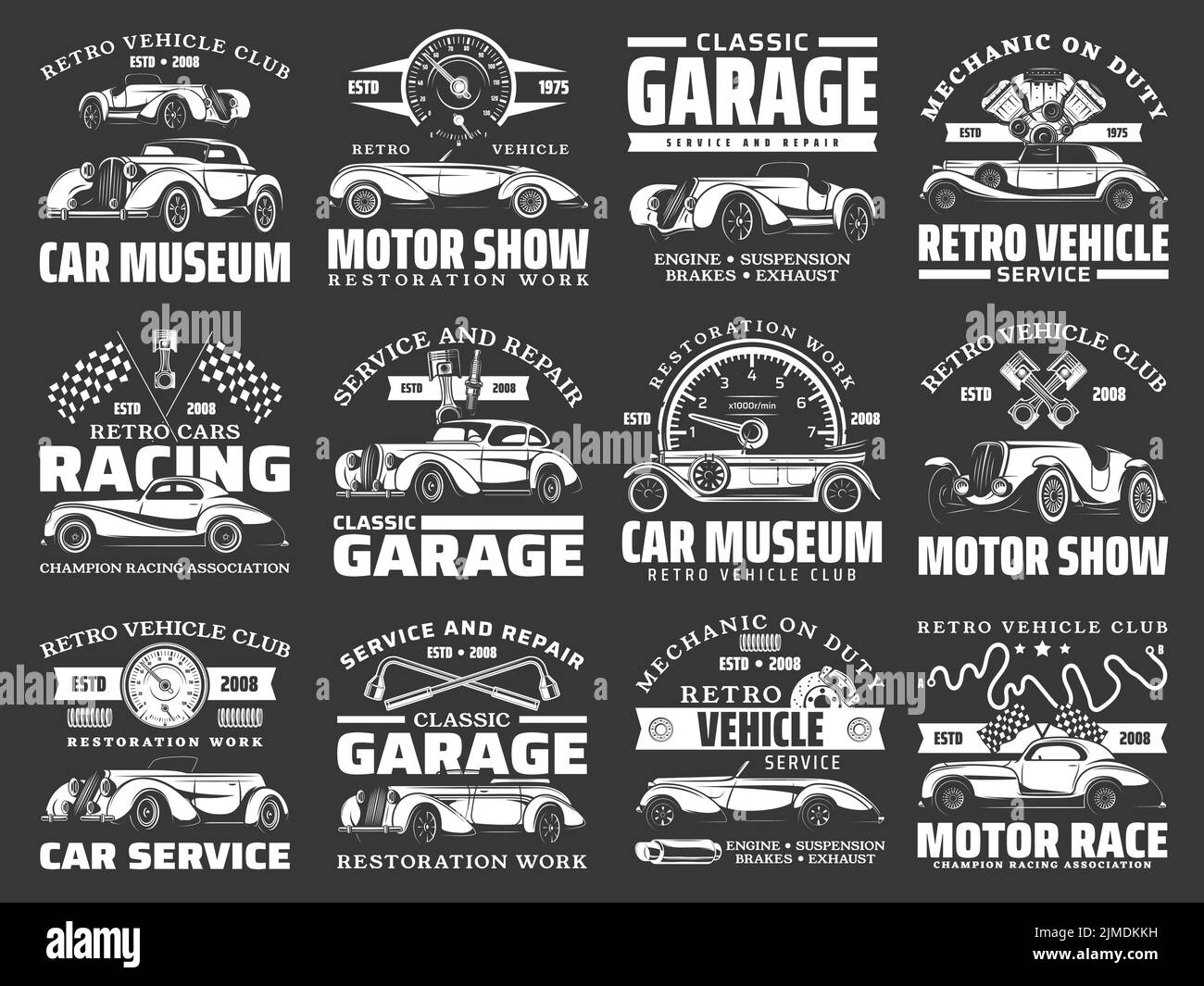 Retro cars museum exhibition, repair mechanic icons. Vintage vehicles