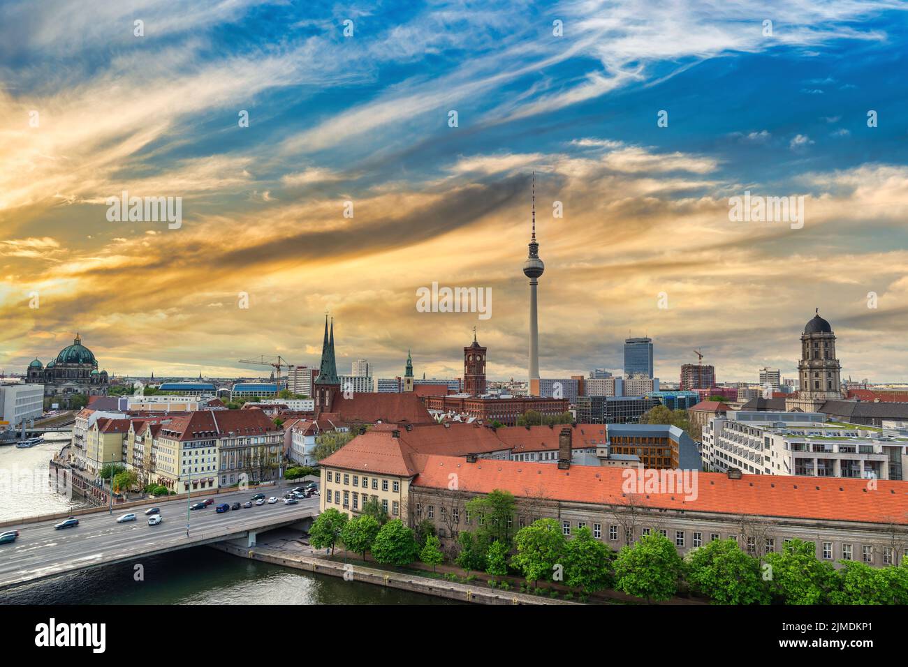 Berlin Germany, sunset city skyline at Berlin TV Tower and Spree River Stock Photo