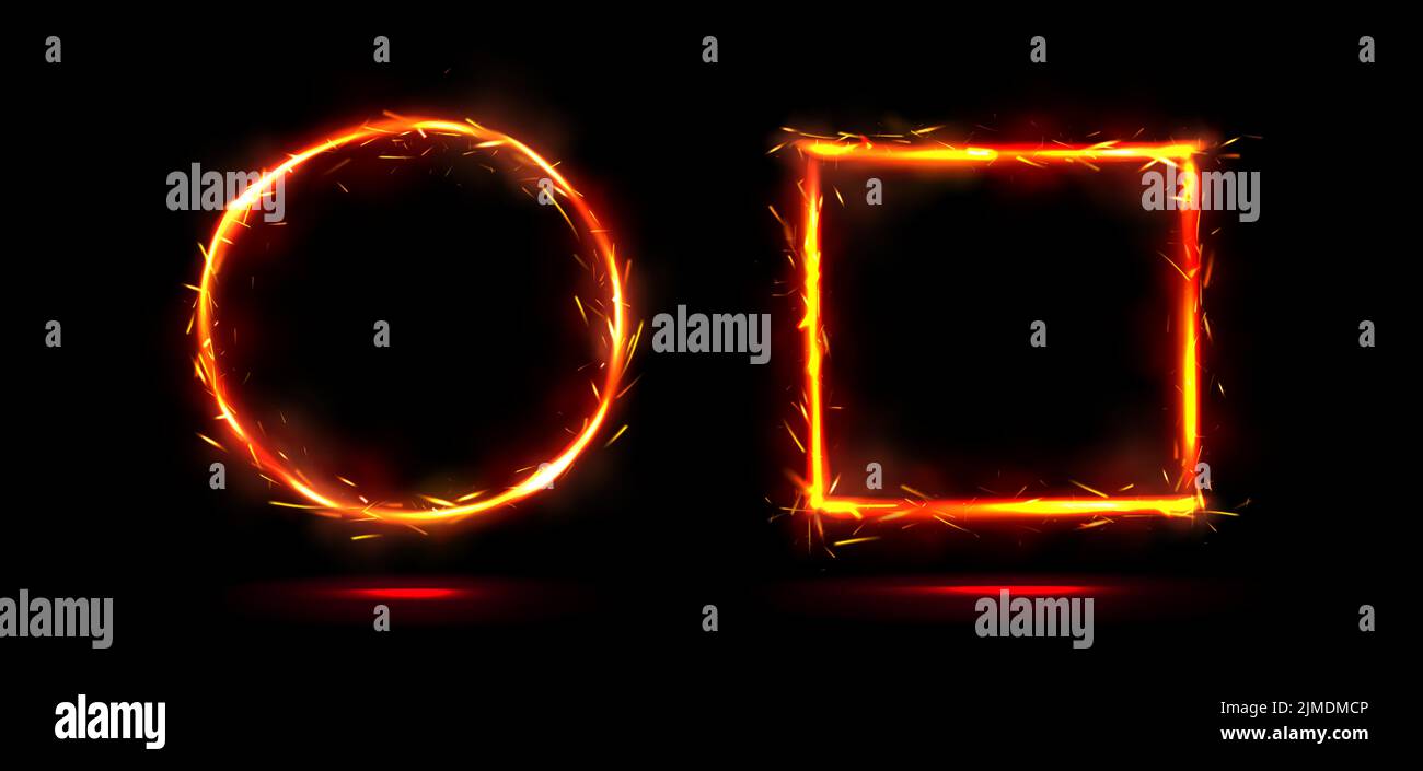 Frames with fire sparkle effect, round and square borders with glowing ...