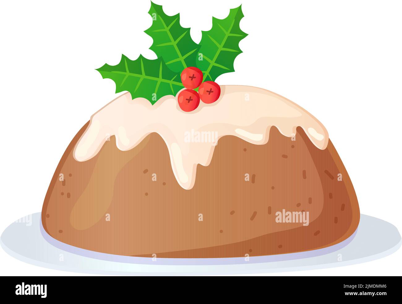 Traditional english christmas pudding with icing and holly. Vector illustration isolated on white Stock Vector