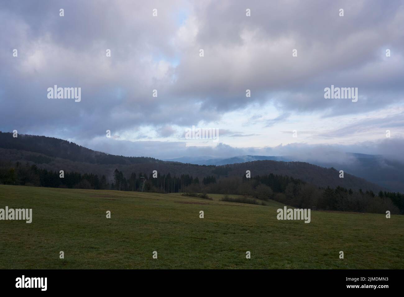 Landscape photo in rainy weather with fog and clouds in spring Stock Photo