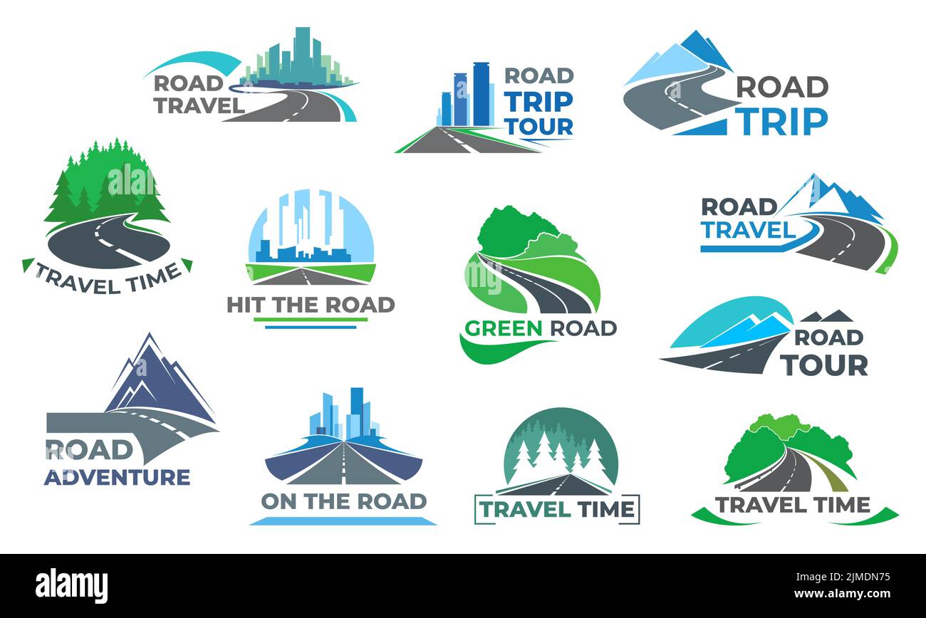 Road travel icons. Road adventure, travel time and highway trip vector ...