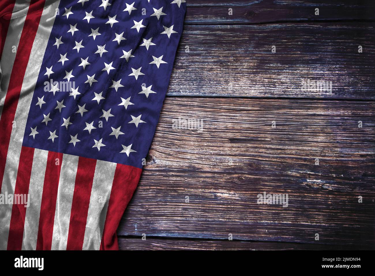 American US flag on rustic wooden background for Memorial Day, 4th of July or Labor Day concept. Stock Photo