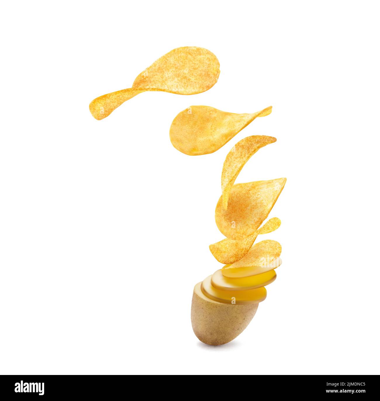 Realistic potato slices flying and turning into wavy crispy chips. Ripe