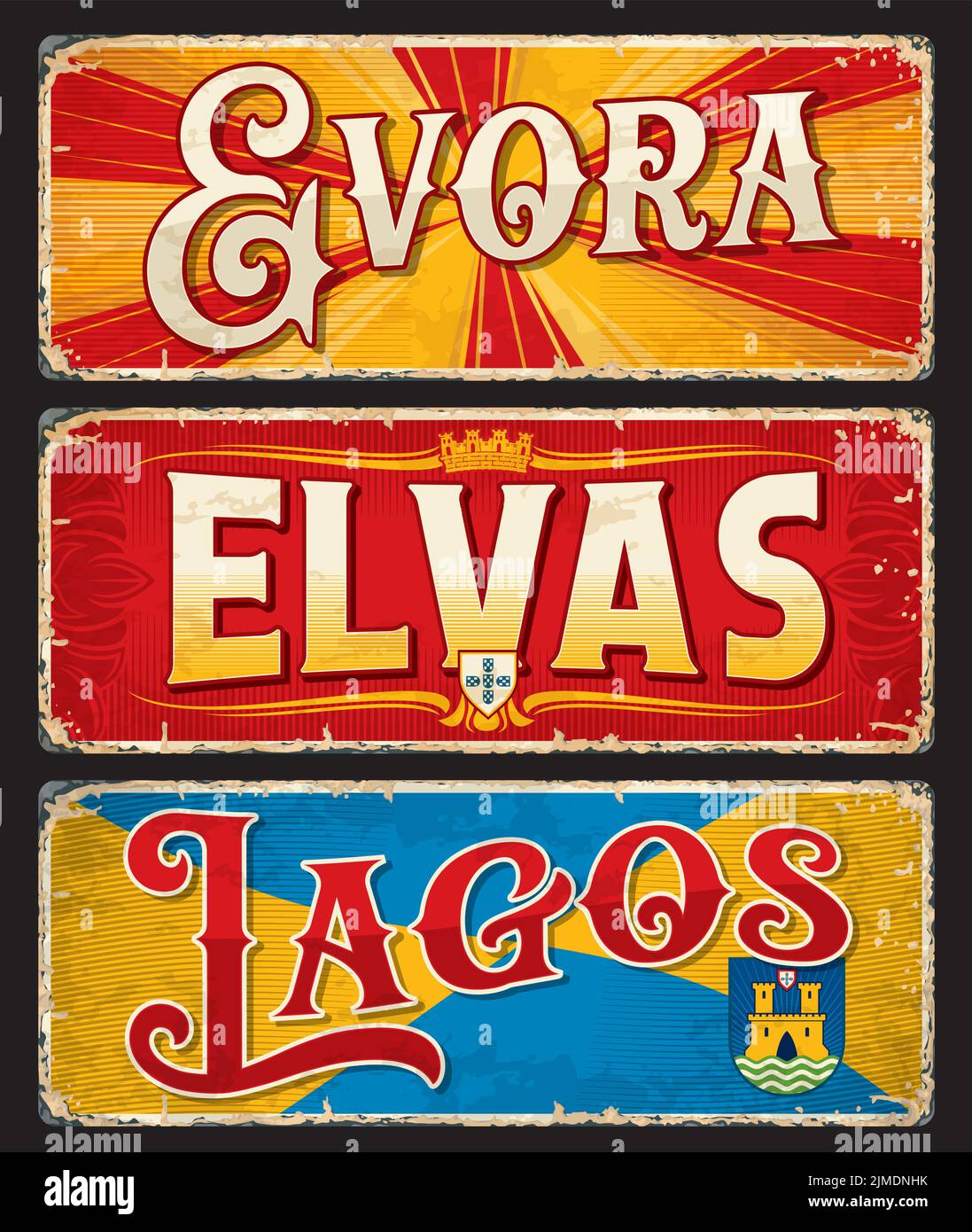 Lagos, Evora, Elvas, Portuguese city travel stickers and luggage tags, vector bag labels. Portugal vacations and journey trip retro tin signs or travel plates with landmarks and emblems Stock Vector