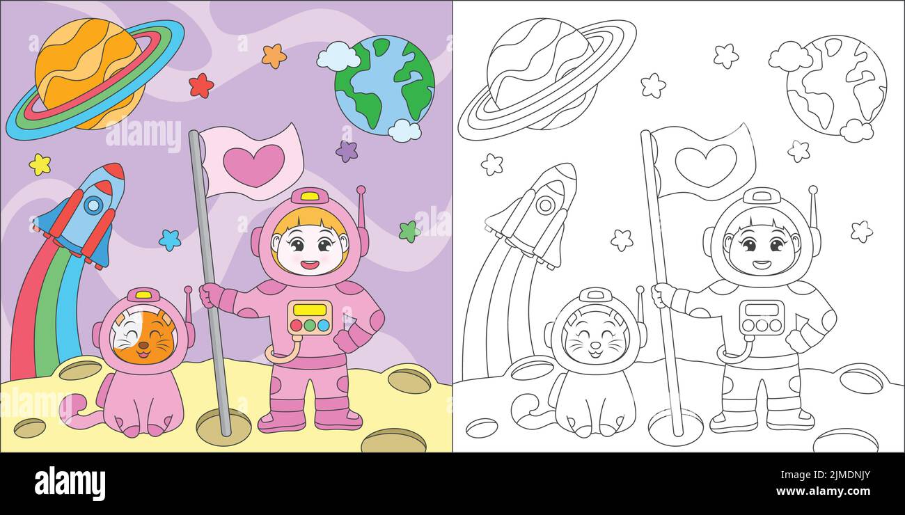 A coloring book page with the astronauts on the moon Stock Vector