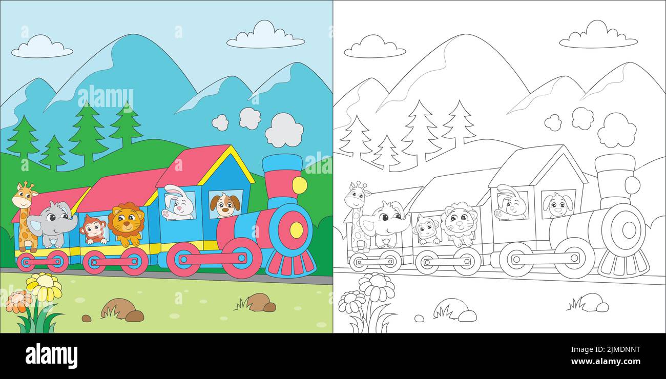 A coloring book page with different animals on the train Stock Vector