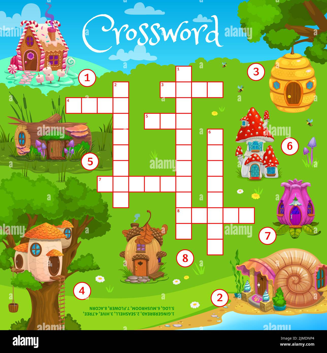 Cartoon fairytale houses, crossword grid worksheet, find a word quiz