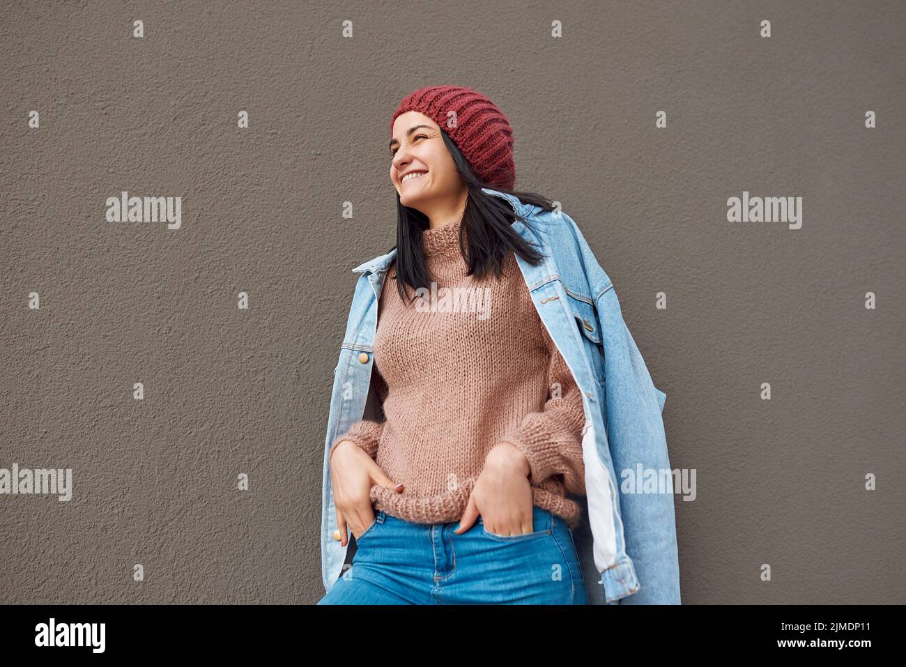 Spring portrait of a smiling lady hipster outdoors Stock Photo