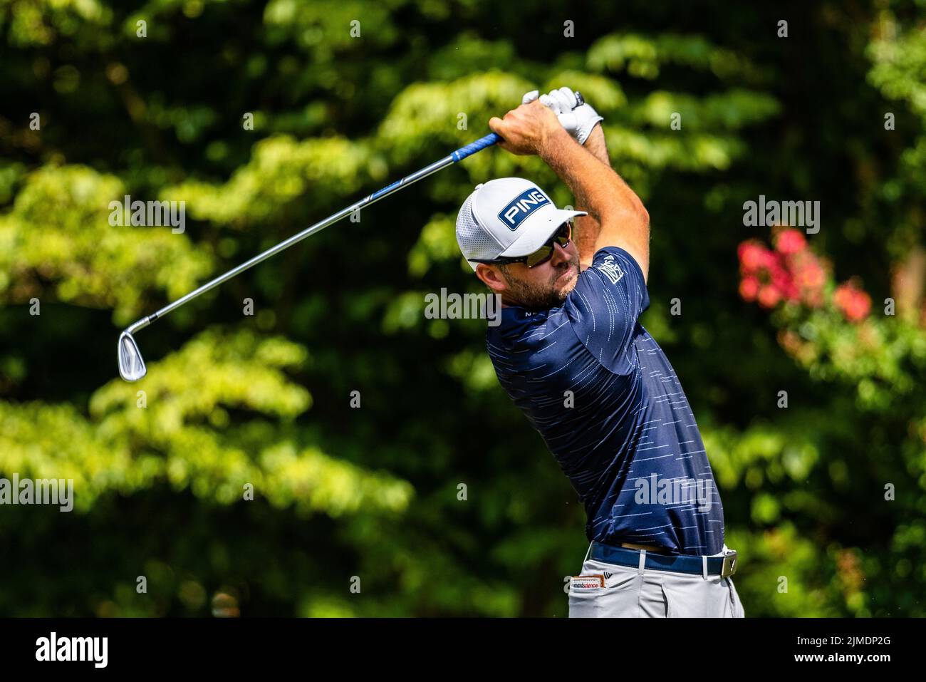 August 5, 2022: Corey Conners tees off on the sixth during the 2022 Wyndham Championship at Sedgefield Country Club in Greensboro, NC. Scott Kinser/CSM Stock Photo