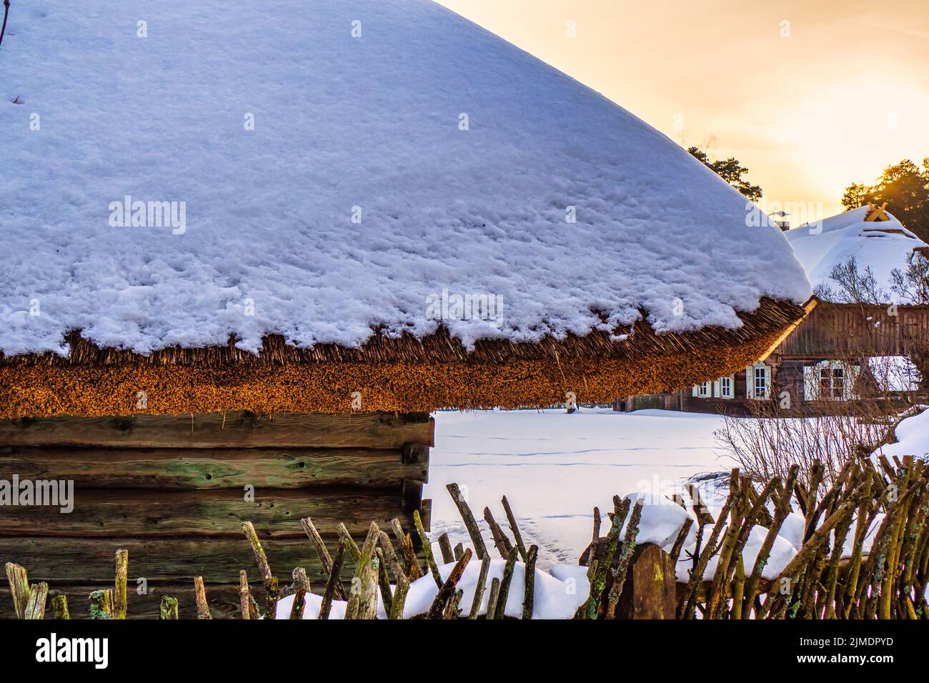 Winter Evening Roofs of Small Houses in the Village are Covered with ...